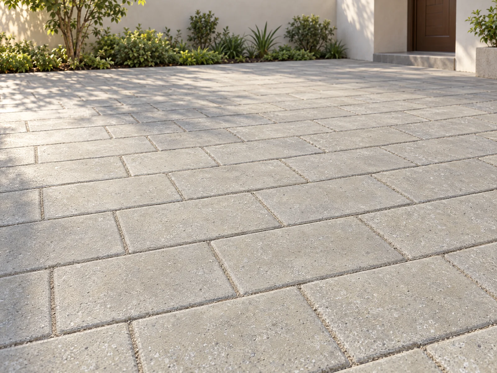 AI-generated concept of grey paving in a landscaped courtyard